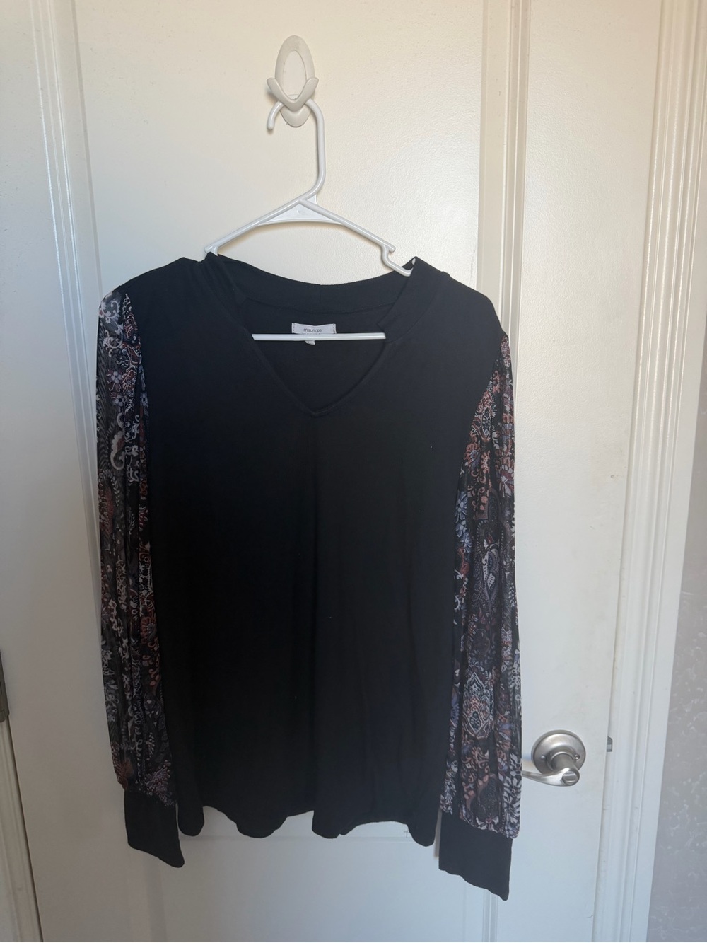 Maurices Black V-Neck Top with Patterned Sheer Long Sleeves
